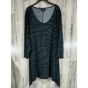 Arna York Tunic Blouse Size 30 32‎ Black Teal Leopard Slinky Handkerchief Hem